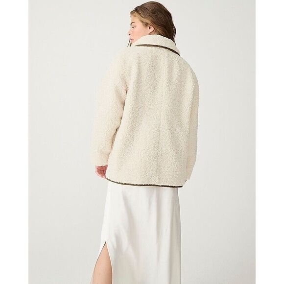 J. Crew Sherpa Dusty Ivory Button Up Teddy Jacket XS Olive Green Trim Coat - Picture 3 of 14